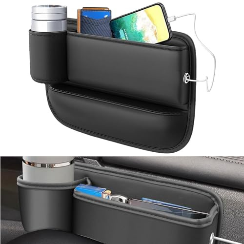 Diyxisk Autositz Organizer Fahrerseite PU Leder Mittelkonsole Lückenfüller 30x20cm Seitentasche Auto mit Becherhalter Handyfach (Schwarz)