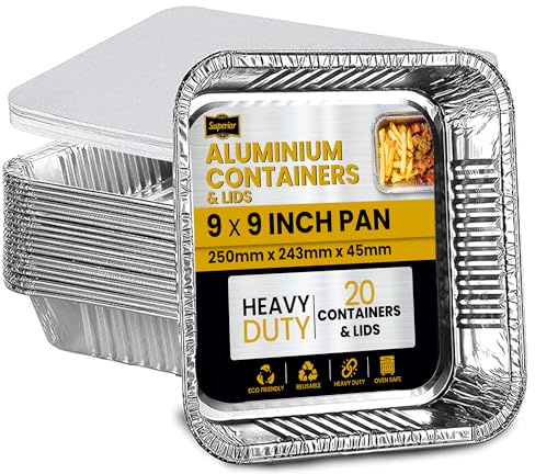 Superior 20-Pack Aluminium Foil Trays with Paper Lids, Heavy Duty Aluminium Takeaway Containers, Freezer & Oven Safe Tin Foil Trays For Baking, Cooking, Broiling, Storage Containers, 9 x 9 inch