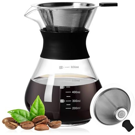 BORDEAG Pour Over - Caffettiera Pour Over da 600 ml, per caffè con filtro, con filtro in acciaio inox, per casa, campeggio