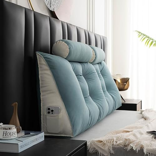 Rückenkissen mit Kopfstütze, ergonomisches Rückenstützkissen, Lesekissen, Wandkissen zum Anlehnen im Bett, mit praktischem Seitenfach und abnehmbarem, waschbarem Bezug (Größe: 150 cm, Farbe: Blau)