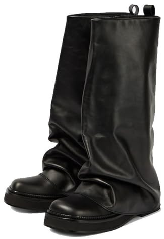 LIUHD Stivali Alti sopra Il Ginocchio con Risvolto,Stivali Arricciati e Cadenti per Donna,Stivali Alti con Tacco Piatto,Punta Tonda Polpaccio Largo Stivali Casual,Black,41