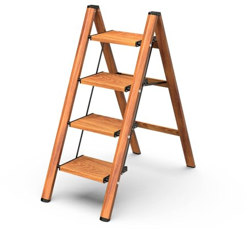 GameGem 4 Step Ladder, Folding Step Stool with Anti-Slip Wide Pedal, Aluminum Material Lightweight yet Sturdy, 150KG Load, Cute Modern Apperance for Indoor Household Spaces, Woodgrain