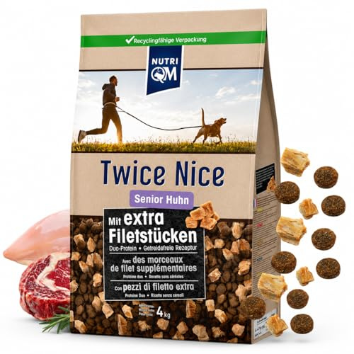 NutriQM® Twice Nice Senior Huhn | 4 kg | Getreidefreies Trockenfutter für ältere Hunde ab 7 Jahren | Mit 520 g Filetwürfeln pro kg | Unterstützt Haut, Gelenke & Fell | Made in Germany