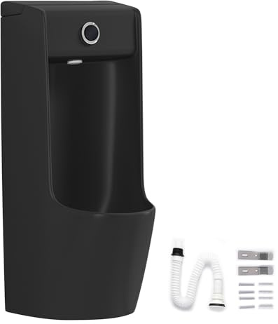 Urinoir Homme Mural en Céramique pour Homme avec Chasse D'eau Double Mode, Anti-fuites, avec Inverseur D'urine Pipi Debout, Chasse D'eau Manuelle et à Capteur pour La Maison, L'hôtel et L'école(Black)