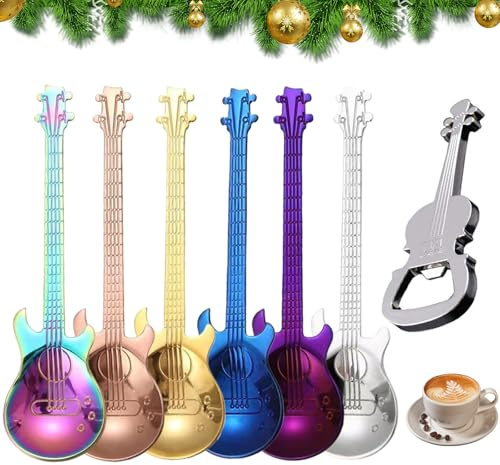 Guitar Spoons Coffee Teaspoon, FUAAOLIY 6PCS Colorful 304 Stainless Steel Dessert Spoons with Opener for Stirring Drink Mixing Milkshake Jam, Cute Musical Teaspoon for Christmas Birthday