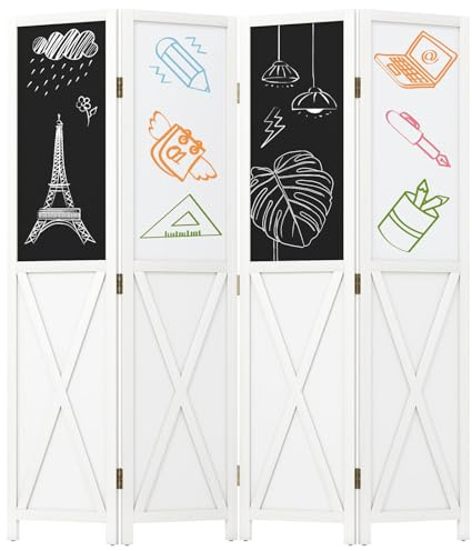 COSTWAY 4-Panel Folding Room Divider with Blackboards & Whiteboards, Solid Paulownia Wood Wall Privacy Screen Protector, Freestanding Room Partition Paravent Separator for Bedroom, Living Room, Office