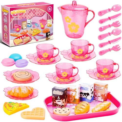 33-teiliges Teeservice für Kinder, Rosa Puppengeschirr aus Kunststoff, Kinderküche Zubehör mit Teekanne, Tassen, Tellern & Dessert-Spielzeug, BPA-freies Toy Tea Set für Mädchen & Jungen ab 3