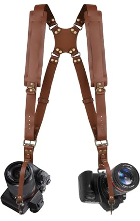 Bebaimis Tracolla per fotocamera 2 fotocamere, in pelle, per fotografi, con chiusura rapida, doppia cinghia per fotocamera, per DSLR e SLR, adatta per escursioni, matrimoni, il miglior regalo, marrone