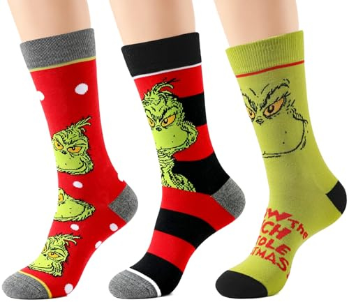 Plstod 3 Paires Chaussettes Grin-ch, Chaussette de Noel, Rigolotes Socks Convient aux Hommes et aux Femmes, Cadeaux de Noël, Cadeau Humour, Taille 37-43