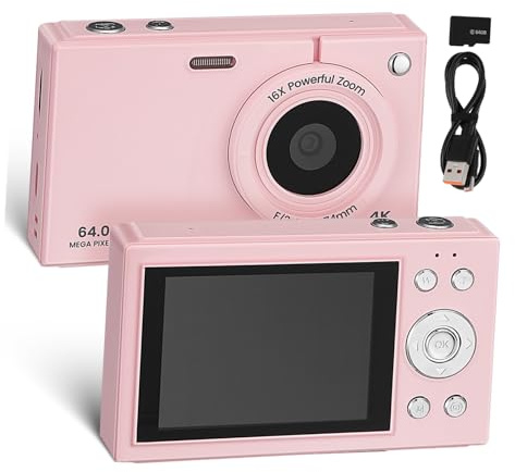 Fotocamera Digitale Compatta Vintage 4k Rosa 16x Zoom | Scheda 64 Gb Inclusa, Abs e Pc, Facile da Usare e Portatile, Back To School Party