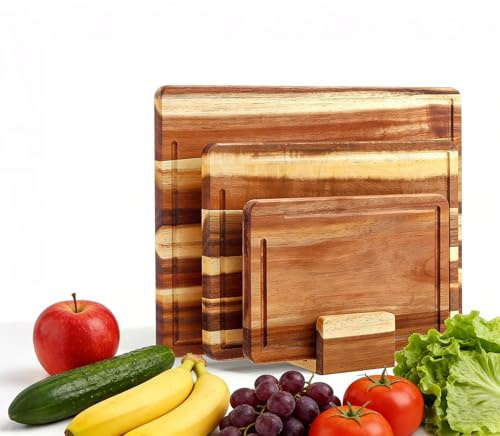 Tabla de cortar de madera, juego de 3 unidades, 40,5 x 30/32,5 x 23,5/25,5 x 17,5 cm, madera de acacia de alta calidad con soporte, tablas de madera de 2 cm de grosor con ranura para jugo, tablas de