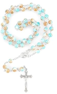 Collar de rosario católico para mujer, collar de cruz de perlas azules y moradas, rosario de imitación, regalos de fe cristiana, Large, Zinc, No es una piedra preciosa