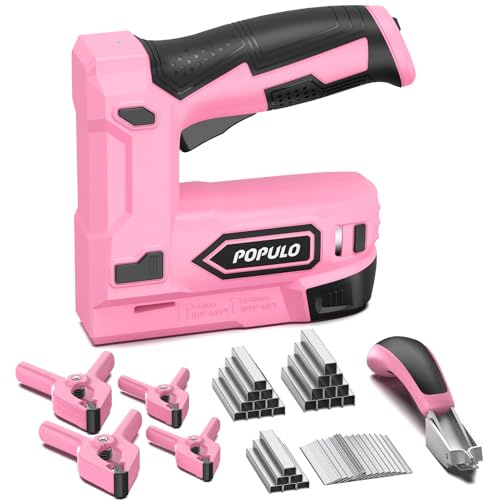 POLULO Rosa Pistola de Grapas Eléctrica 2 en 1 Inalámbrica 4V con Batería Litio, USB-C, Incluye Clips, Removedor, 2600 Grapas y Clavos para Tapicería, Reparación de Muebles, Alfombras y Bricolaje