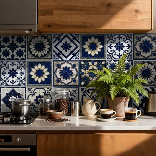 Stick on Tiles Navy Blue Flower Kitchen Tile Stickers for Bathroom Waterproof Removable Vinyl Decals Oilproof Backsplash Decorative Self Adhesive Tiles 10x10 cm/ 24 pcs