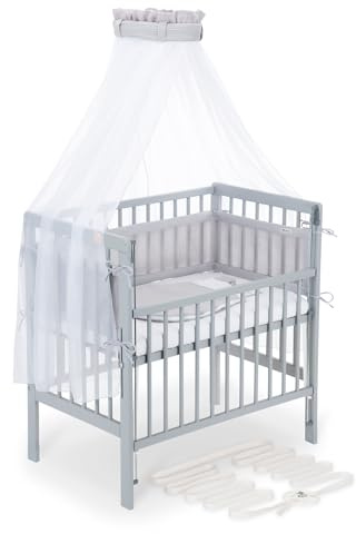FabiMax Boxspring Baby Beistellbett Flex 90x55, aus Buchenholz grau lackiert, mit innovativem verstellbarem Seitengitter, passend für Boxspringbetten (Matratze Air, Komplettset Grau)