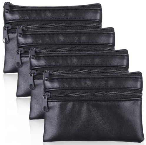 DOPENSPI 4 Pcs PU Leather Zipper Coin Purse, Black Zipper Pouch