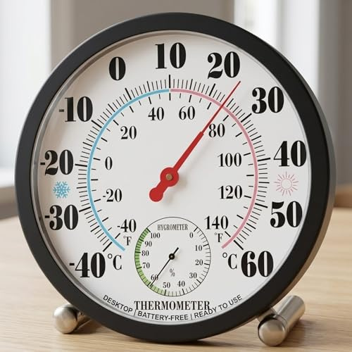 2-in-1 Analogue Thermometer Hygrometer (°C/°F), Indoor Outdoor Temperature Humidity Gauge. Battery-Free Mechanical Dial, Wall/Desk Mount. Large Easy-Read Face for Home, Office, Greenhouse. (black)