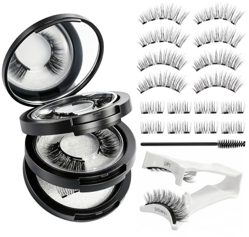Magnetiska ögonfransar i 3 lager, naturligt set med tillbehör, återanvändbara magnetiska ögonfransar utan lim och eyeliner, konstgjorda ögonfransförlängningar, magnetiska för resor och på vägen (svart