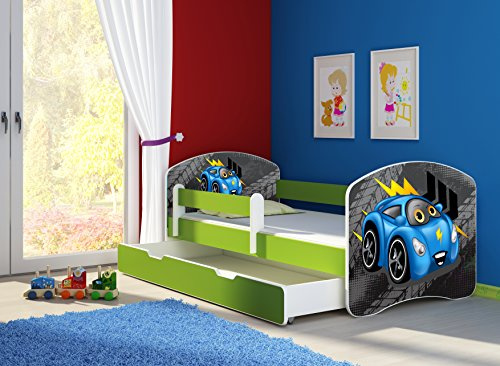 CLAMARO 'Fantasia Grün' 160 x 80 Kinderbett Set inkl. Matratze, Lattenrost und mit Bettkasten Schublade, mit verstellbarem Rausfallschutz und Kantenschutzleisten, Design: 04 Rennwagen Blau