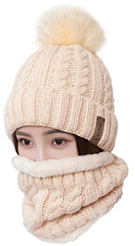 Womens Pom Beanie Hat Scarf Set Girls Winter Ski Hat Slouchy Knit Cap with Fleece Lined (Beige)