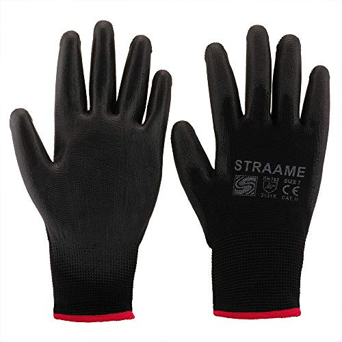 Straame Pack of 12 or 24 Black Safety Work Gloves, Outdoors PU and Nylon Non-Slip Work Handling Gloves, Good Dexterity Firm Grip Protective Working Gloves Size (Pack of 24 Pair's, M)