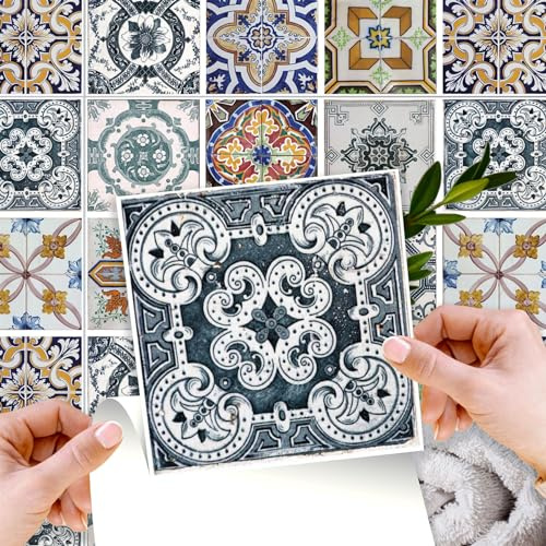 WALPLUS 96 pcs 15cm (6) Corfu Colourful Mediterranean Tile Stickers Peel and Stick Self-Adhesive Vinyl Wall Tiles for Kitchen Bathroom Bedroom Backsplash DIY Home Décor