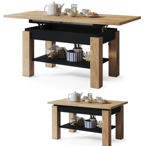 All4All Couchtisch Astra - Kaffeetisch - Wohnzimmertisch – Sofatisch mit Ablage - höhenverstellbar - kompakte Größe - Sofatisch - 110x68cm - 05 - Gold Craft Eiche + SCHWARZ