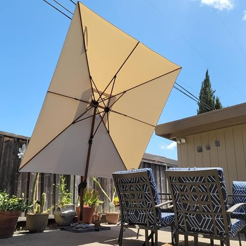 PURPLE LEAF Sonnenschirm 365 × 365 cm Holzoptik 6-stufige Verstellung Beige | Große Schattenzone, Doppeldach-Belüftung, 360° Flexibilität, Alu Rahmen & Standrohr, mehr Stabilität, 240g/m² UV50+ Stoff