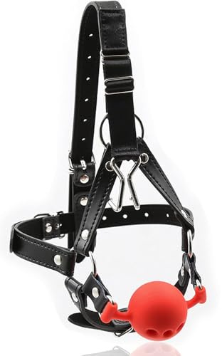 BDSMJOY Silikon Mundknebel metall Nasenhaken mit verstellbar Fesselgurte, Kopf Geschirr mit groß Fetisch Gag Ball, Bondage Flirtspiel erotik Sexspielzeug Sextoy für Fetisch,Frauen und Männer (Rot)