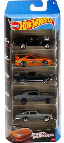 Hot Wheels Fast and Furious Box 5 Modelle Auto Dodge Charger Toyota Supra Mustang Aston Martin - Maßstab 1:64 - HND08, Mehrfarbig