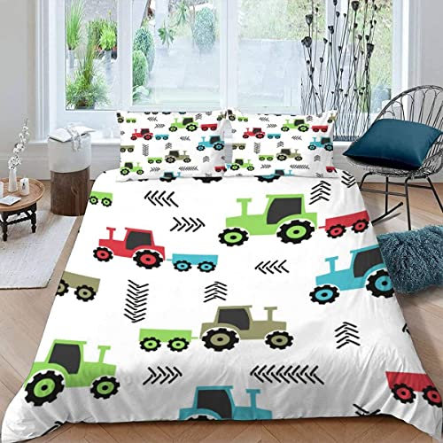 RFFLUX 3D Cartoon Traktor Bettwäsche Set 135x200 cm 2teilig mit Reißverschluss Weiche und Angenehme Schlafkomfort Microfaser Bettbezug Kinderauto Kinderbettwäsche mit Kissenbezug 80x80 cm