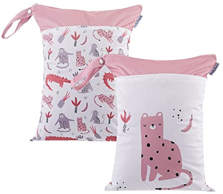 Treer Windeltasche für Babys Unterwegs, 2 Stück Stoffwindeln Nasstaschen Wasserdicht Waschbar Groß mit Doppelreißverschluss Nasse Trocken Wickeltasche Wetbag Kindergarten (Pinker Affe,30x40cm)