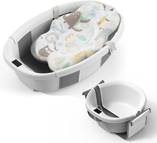 EzyWay Foldable Baby Bath Tub with Thermometer for Real Time Temperature, Temperature Sensing Drain Plug, Anti-Slip Legs Collapsible Tub with Cushion Pad (Grey)