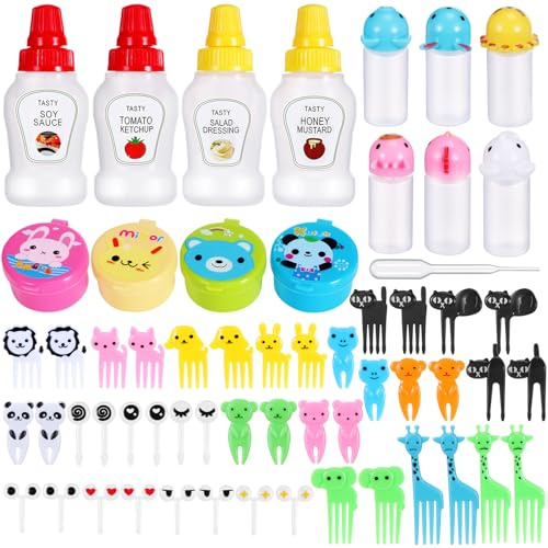 50 Stück Kinder-Bento-Box-Zubehör, einschließlich Lebensmittel-Picker, Mini-Gewürzflaschen, Ketchup-Quetschflaschen, Mini-Sojasaucenbehälter mit Trichter für Kinder, Schule, Bento, Camping,