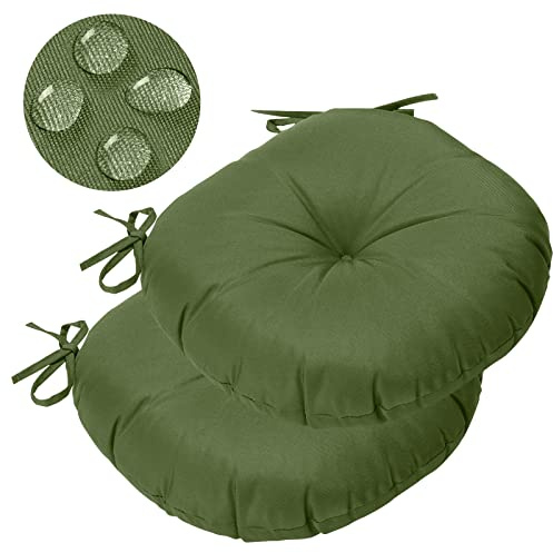 GUEGLSA Outdoor Tufted Round Cushions 18 inch, Waterproof Bistro Chair Cushions 18x18x3, Circular Seat Pads with Ties for Patio Garden Footstool Papasan Chair, Set of 2, Green