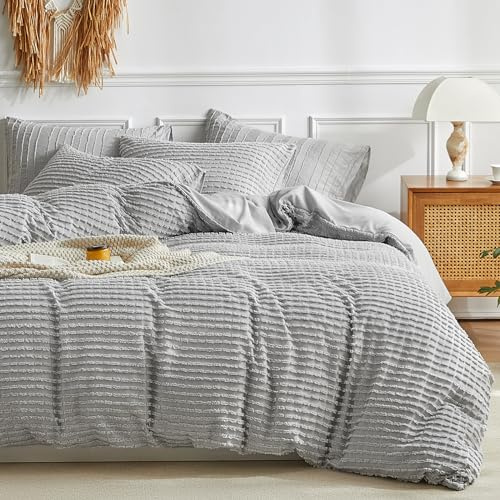 WARMDERN Boho Duvet Cover Set King Size,Grey Striped Duvet Cover Microfiber Bedding Set,3PCS Ultra Soft Breathable Lightweight Tuft Texture Pattern Duvet Covers with Zipper Closure(Grey,King)