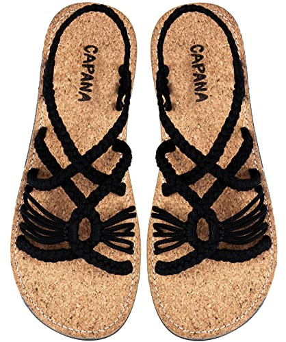 Capana Gewebte flache Damen-Sandalen – Riemchensandalen geflochten, Strandsandalen für Damen, eleganter Sommer, Seil, Bohemian-Sandalen, Frühling, lässige Damenschuhe, bequeme Boho-Flats für