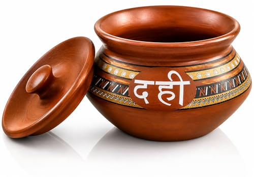 Cuenco tradicional hecho a mano con tapa para servir yogur Dahi Handi, cerámica artesanal de barro de terracota, marrón, apto para alimentos, natural, reutilizable, rústico, respetuoso con el medio