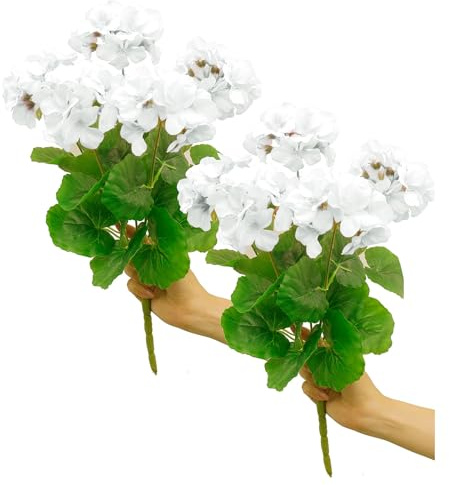 2st Konstgjord Pelargon Sidenblomma Utomhus Konstgjord Röd Pelargonbuske Faux Blommor Röda Pelargoner för Blommig Heminredning Inomhus Trädgård(Vit)