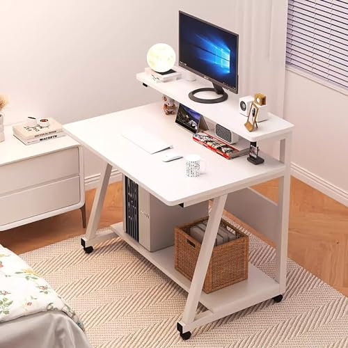 Tisch auf Rollen, Stehschreibtisch, Kleiner Schreibtisch mit Ständer, Schreibtisch, Moderner, Schlichter Schreibtisch (Color : White, Size : 31.5in/80cm)