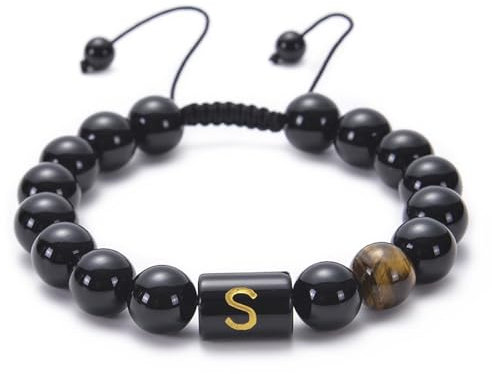 Wycian Partnerarmbänder, Armbänder Damen 18 cm Perlen Tigerauge Kristall Schwarz Verstellbare Perlen mit Buchstabe S 18cmx10mm 1er Naturstein für Jahrestag