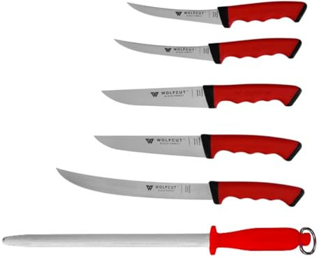 Wolfcut SoftGrip RED-Serie - Metzgermesser-Set 6-tlg. - Ausbeinmesser13 und 15 cm, Stechmesser, Fleischermesser, Zerlegemesser, Wetzstahl