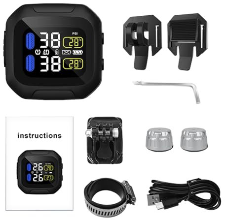 Kabelloses für Motorrad – Fahrräder Kabelloses Reifendruckkontrollsystem | Wasserdichtes Motorrad Wireless Sensor Kit | Reifendruckkontrollsystem Set | Solar USB Wiederaufladbares