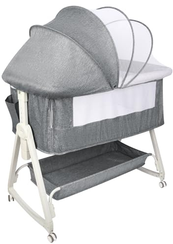 HUOLE 3 in 1 Beistellbett, Reisebett Baby mit Matratze, Babybett 6 Fach höhenverstellbar mit Aufbe, tragbarer Stubenwagen mit Rollen für Baby bis 36 Monaten-92 * 52 * 106-118cm – Leinengrau