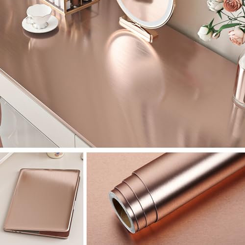 Livelynine Self Adhesive Wallpaper Rose Gold Brushed Metal Effect Waterproof Kitchen Vinyl Wrap for Fridge Cover Freezer Oil Proof Contact Paper for Kitchen Countertops Splashback Cupboards 40CMx2M