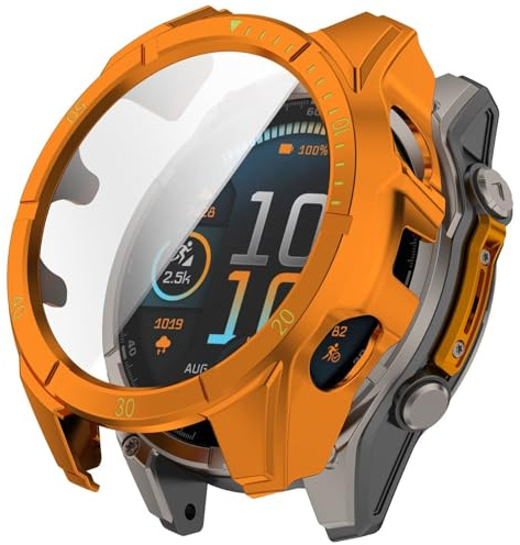 FTRONGRT fodral kompatibelt med Garmin Fenix 8 47 mm, PC + skärm härdad film, reptålig allomfattande klockfodral kompatibelt med Garmin Fenix 8 47 mm. Orange grön