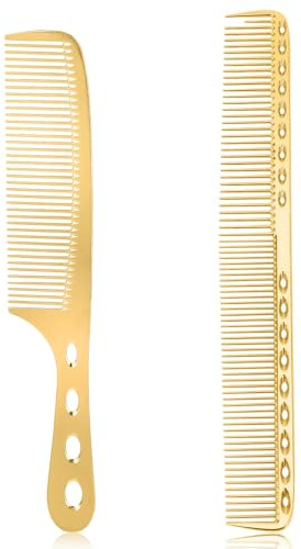 Lot de 2 Peignes de Coiffeur en Aluminium et Métal Doré - Peigne Professionnel Antistatique en Carbone pour Barbe - Homme et Femme