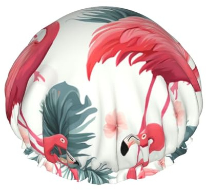 Doppelschichtige Duschhaube für Damen, Flamingo-Muster, wiederverwendbar, geeignet für Baden, Spa