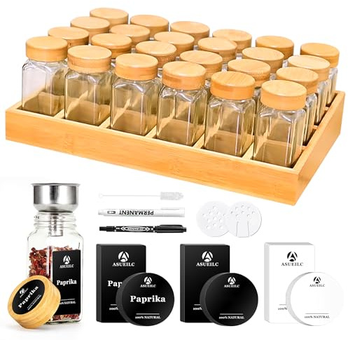 DSUID Natural Bamboo Spice Rack with Jars, Spice Rack Cabinet Set with 24 Square Spice Jars and 180 Black Label, Bamboo Suitable for a Tidy and Organised Kitchen
