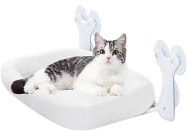 Large Cat Window Hammock & 6 Suction Cups Holds Up to 20kg, 52x30cm Foldable Kitty Perch w/Reversible Cover Summer & Winter Bed for Cat Sunbathing Viewing (White, L)